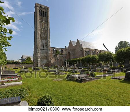 Stock Image - Church of Our Lady and cemetery, Damse Vaart-Zuid, Damme, Bruges, West Flanders, Flemish Region, Belgium, Europe. Fotosearch
