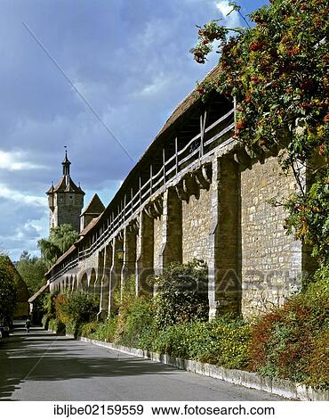 Stock Photo - City walls, defence wall, Rothenburg ob der Tauber, Middle Franconia, Bavaria, Germany, Europe. Fotosearch