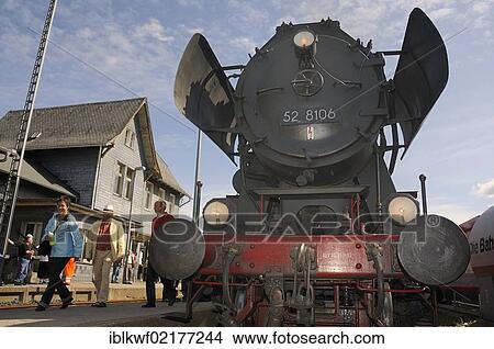 Picture - Class 52 steam locomotive pulling into the station, Bad Laasphe, Siegen Wittgenstein disrtrict, North Rhine-Westphalia, Germany, Europe. Fotosearch