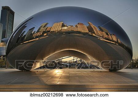 Cloud Gate at sunrise on Lake Michigan shore in front of the Chicago skyline, Illinois, USA View Large Photo Image Stock Photo - Cloud Gate at sunrise on Lake Michigan shore in front of the Chicago skyline, Illinois, USA. Fotosearch