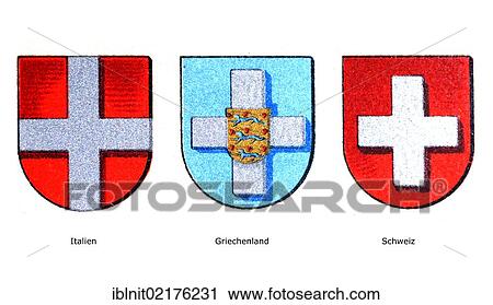 Stock Image - Coat of arms of Italy, Greece and Switzerland, from Meyers Konversationslexikon encyclopedia, 1897. Fotosearch
