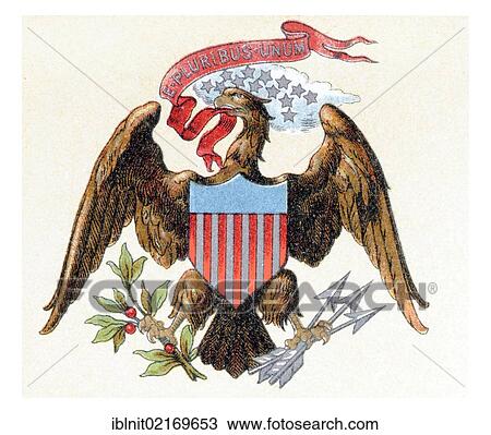 Stock Image - Coat of arms of the United States of North America, historical illustration, Meyers Konversationslexikon encyclopedia, 1897. Fotosearch