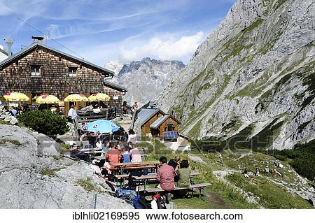 Stock Photography - Coburg Hut, 1917m, Mieminger Kette mountain range, Ehrwald, Tyrol, Austria, Europe, PublicGround, Europe. Fotosearch