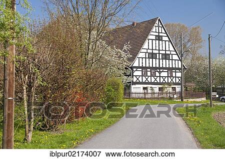 Stock Photo - Community centre and museum for rural traditions, Neckanitz street, village of Nackanitz, Lommatzsch, Lommatzscher Plege region, Saxony, Germany, Europe. Fotosearch