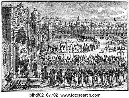 Stock Image - Copper engraving from 1723, the Inquisition in Spain, parade of heretic judges of the inquisition and condemned heretics into a church. Fotosearch