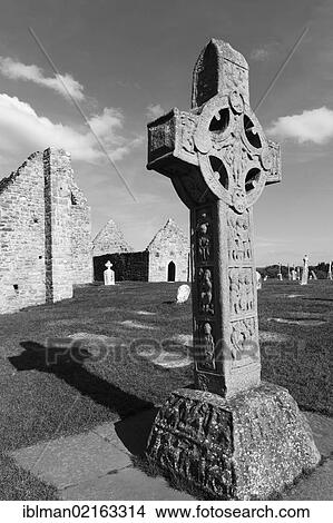 Picture - Copy of a high cross, Cross of the Scriptures, Clonmacnoise Monastery, County Offaly, Leinster, Ireland, Europe. Fotosearch