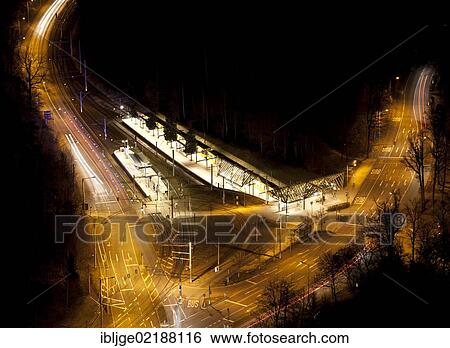 Stock Photograph - Crossroads of Kirchheimerstrasse and Mittlere Fildestrasse at night, Am Bopser, Stuttgart, Baden-Wuerttemberg, Germany, Europe. Fotosearch