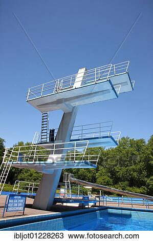 Stock Image - Diving tower with a 10-meter diving board in an outdoor pool, Gladbeck, North Rhine-Westphalia, Germany, Europe. Fotosearch