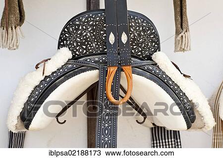 Stock Image - Doma Vaquera saddle for sale, El Rocio, Almonte, Huelva province, Andalusia, Spain, Europe. Fotosearch