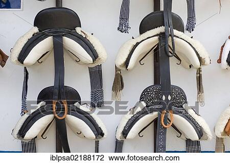Stock Image - Doma Vaquera saddles for sale, El Rocio, Almonte, Huelva province, Andalusia, Spain, Europe. Fotosearch