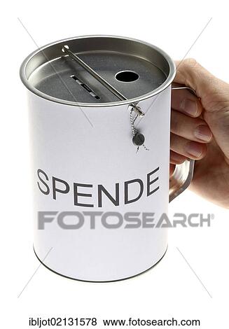 Stock Photo - Donation box labeled Spende, German for donation, with slots for coins and bills, with a security seal to protect against unlawful opening. Fotosearch
