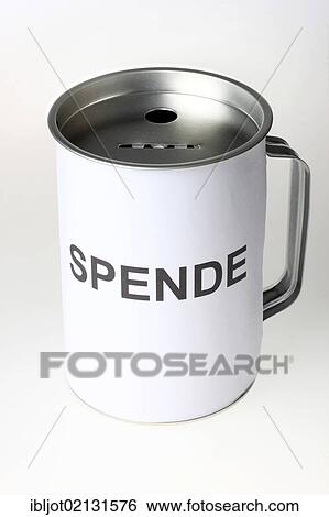 Stock Photograph - Donation box labeled Spende, German for donation, with slots for coins and bills. Fotosearch