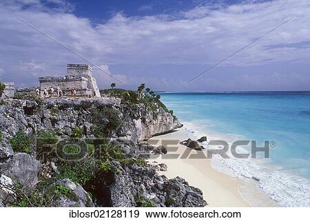 Stock Photo - El Castillo Mayan Temple of Tulum on the Caribbean Coast, Riviera Maya, Quintana Roo, Yucatan Peninsula, Mexico, North America. Fotosearch