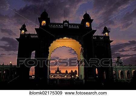 Stock Photo - Entrance gate, Amba Vilas Palace, at dusk, Mysuru or Mysore, Karnataka, South India, India, Asia. Fotosearch