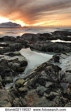 Stock Photo - Evening mood at Skagsanden, beach near Flakstad, Flakstadsøya, Lofoten Islands, Nordland, Norway, Europe. Fotosearch