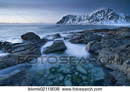 Stock Photo - Evening mood at Skagsanden, beach near Flakstad, Flakstadsøya, Lofoten Islands, Nordland, Norway, Europe. Fotosearch