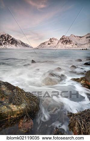 Stock Photography - Evening mood at Skagsanden, beach near Flakstad, Flakstadsøya, Lofoten Islands, Nordland, Norway, Europe. Fotosearch