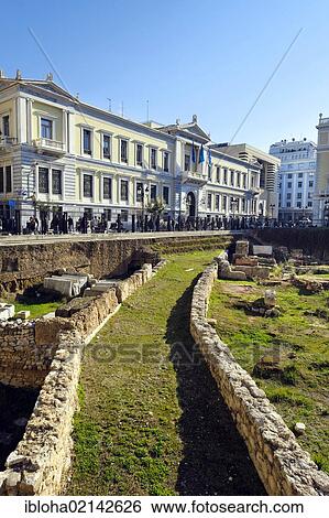 Stock Photograph - Excavation site in front of the National Bank of Greece, Athens, Greece, Europe. Fotosearch