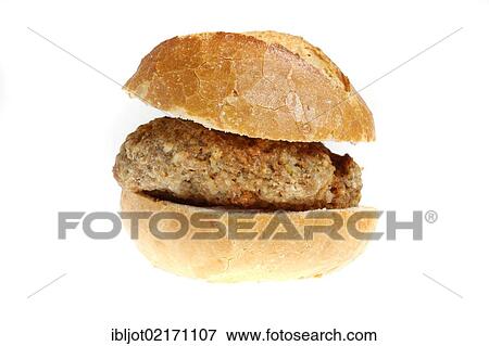 Stock Photo - Fast food, bread roll with a meat patty. Fotosearch