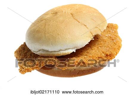 Stock Image - Fast food, bread roll with fried pork schnitzel. Fotosearch