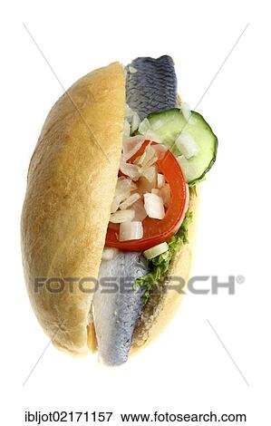 Stock Photo - Fast food, bread roll with pickled herring and salad. Fotosearch