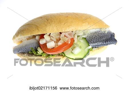 Fast food, bread roll with pickled herring and salad View Large Photo Image Stock Photograph - Fast food, bread roll with pickled herring and salad. Fotosearch