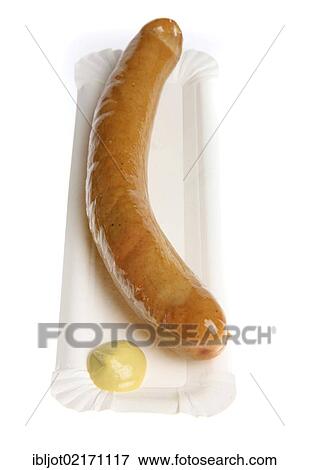 Fast food, cooked sausage with mustard View Large Photo Image Stock Photo - Fast food, cooked sausage with mustard. Fotosearch