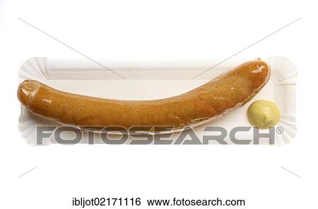 Stock Photograph - Fast food, cooked sausage with mustard. Fotosearch