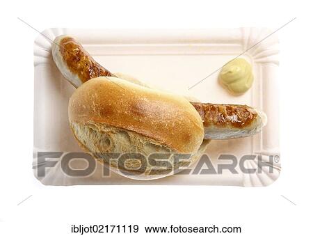 Stock Photo - Fast food, grilled sausage in a bun with mustard. Fotosearch