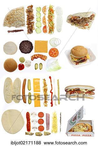 Fast food, ingredients for a doner kebab in pita bread, a hamburger with cheese and bacon, a hot dog, a pizza View Large Photo Image Stock Photo - Fast food, ingredients for a doner kebab in pita bread, a hamburger with cheese and bacon, a hot dog, a pizza. Fotosearch