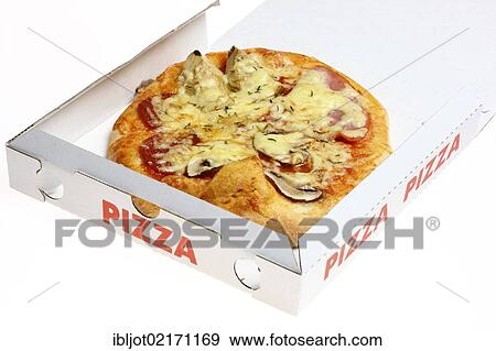 Fast food, pizza with pepperoni, mushrooms and artichokes, in a takeaway pizza box View Large Photo Image Stock Photo - Fast food, pizza with pepperoni, mushrooms and artichokes, in a takeaway pizza box. Fotosearch