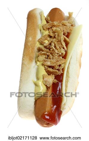 Stock Photo - Fast food, pre-prepared hot dog from the refrigerator to reheat with ketchup, mustard and fried onions. Fotosearch