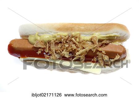 Fast food, pre-prepared hot dog from the refrigerator to reheat with ketchup, mustard and fried onions View Large Photo Image Stock Photograph - Fast food, pre-prepared hot dog from the refrigerator to reheat with ketchup, mustard and fried onions. Fotosearch