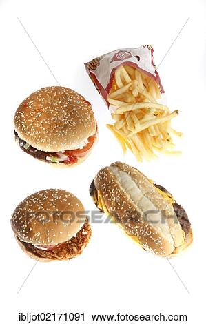 Stock Image - Fast food, various burgers and fries from Burger King. Fotosearch