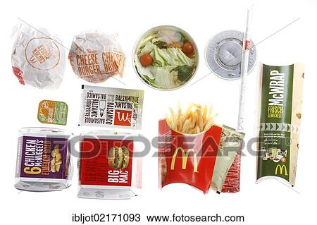 Stock Image - Fast food, various items from McDonalds, packed with a soft drink. Fotosearch
