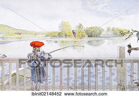 Stock Image - Fishing, illustration in The House in the Sun by Carl Larsson, 1917. Fotosearch