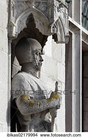 Picture - Flemish Count Philip of Thiette, figure on the historic City Hall, Damme, West Flanders, Belgium, Europe. Fotosearch