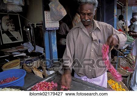 Stock Photo - Florist, flower seller, Thrissur, Kerala, South India, India, Asia. Fotosearch