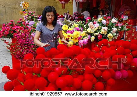 Stock Photo - Flower stand, preparing for the Chinese New Year, Chinatown, Kuala Lumpur, Malaysia, Southeast Asia, Asia. Fotosearch