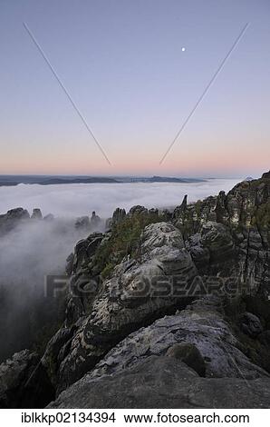 Picture - Fog in the Elbe Sandstone Mountains, Saxon Switzerland, Saxony, Germany, Europe. Fotosearch