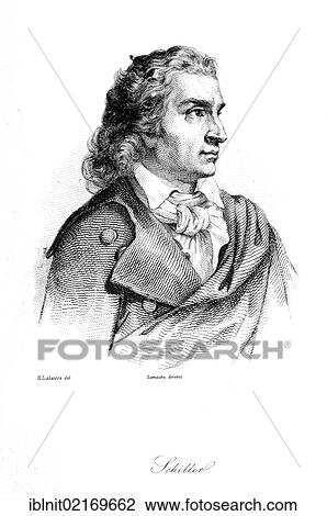 Stock Image - Friedrich Schiller, historical woodcut, 1850. Fotosearch