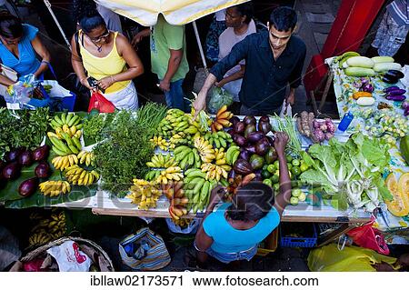Stock Image - Fruit and vegetable stall, market in Victoria, Mahe, Seychelles, Africa, Indian Ocean, Africa. Fotosearch