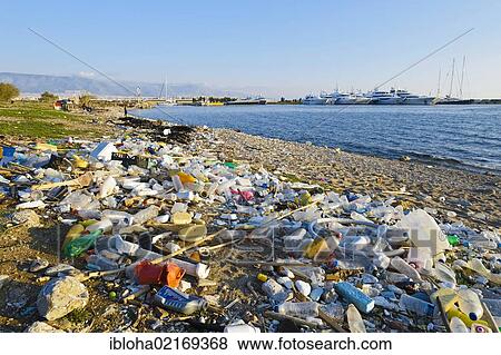 Stock Photo - Garbage on the beach, Faliro, Pireaus, Greece, Europe. Fotosearch