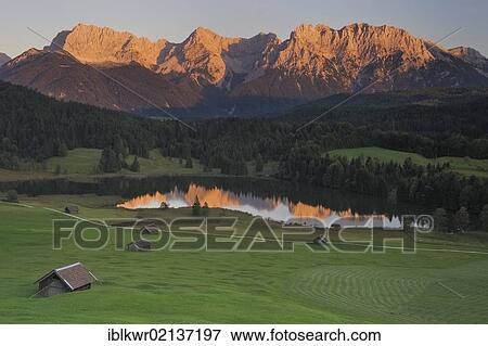 Stock Photo - Geroldsee Lake at sunset, Mittenwald, Karwendel, Alps, Bavaria, Germany, Europe. Fotosearch