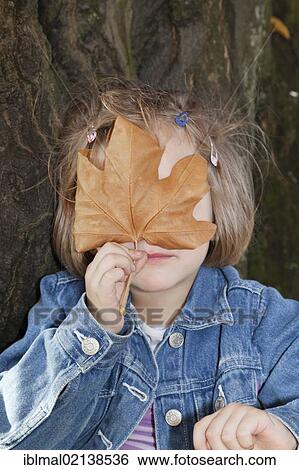 Girl, 4, in autumn holding a leaf in her hand View Large Photo Image Stock Photograph - Girl, 4, in autumn holding a leaf in her hand. Fotosearch