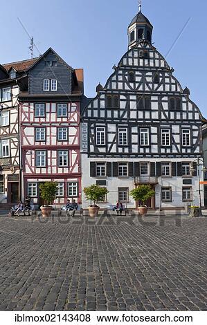 Stock Photo - Half-timbered houses on the Marktplatz square in the town of Butzbach, Hesse, Germany, Europe, PublicGround, Europe. Fotosearch