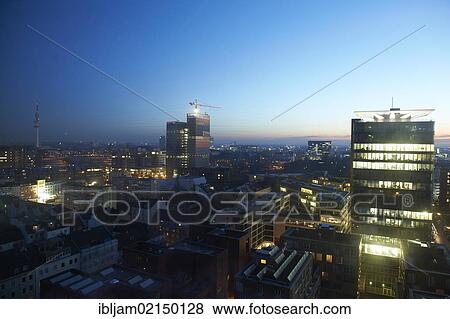 Stock Photo - Hamburg with views to the east with the telecom tower at dawn, Hamburg, Germany, Europe. Fotosearch