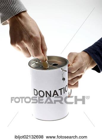 Stock Photo - Hands with a donation box, labeled donation. Fotosearch