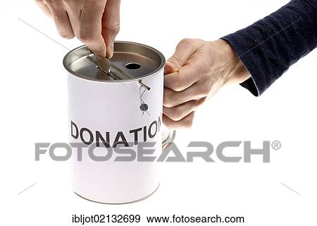 Stock Photo - Hands with a donation box, labeled donation. Fotosearch