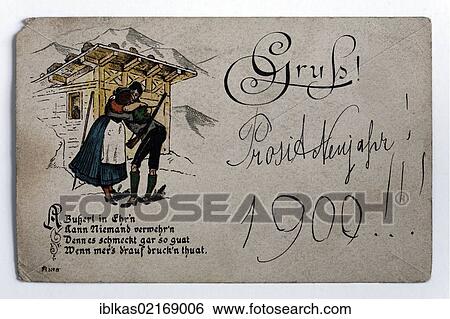 Stock Photograph - Happy New Year 1900, historic postcard of a kissing couple in front of an alm hut with slogan, Austria, Europe. Fotosearch